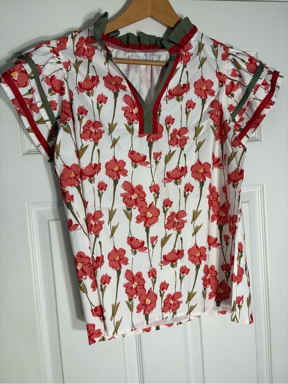 Women's White Floral Popover Top with Red Flowers and Green Trim